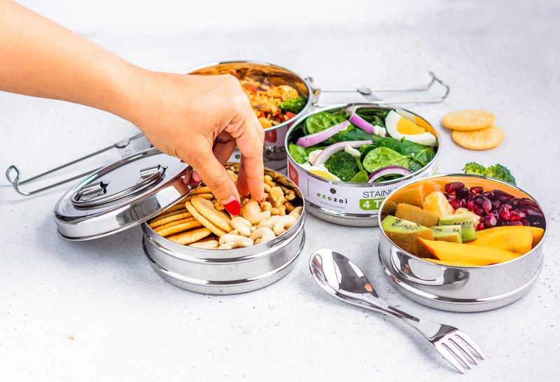 Stainless Steel 4 Tier Tiffin Lunch Box Round with Spork, 55 Oz or 1600 ml freeshipping - ecozoi