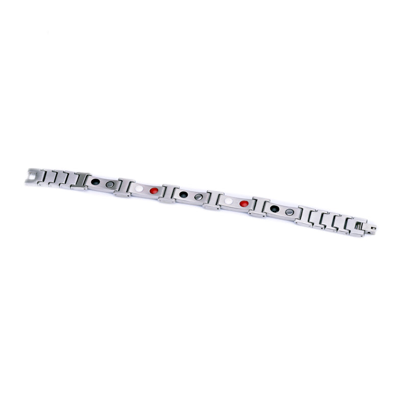 Stainless steel lady’s power bracelet with energy-enhancing properties