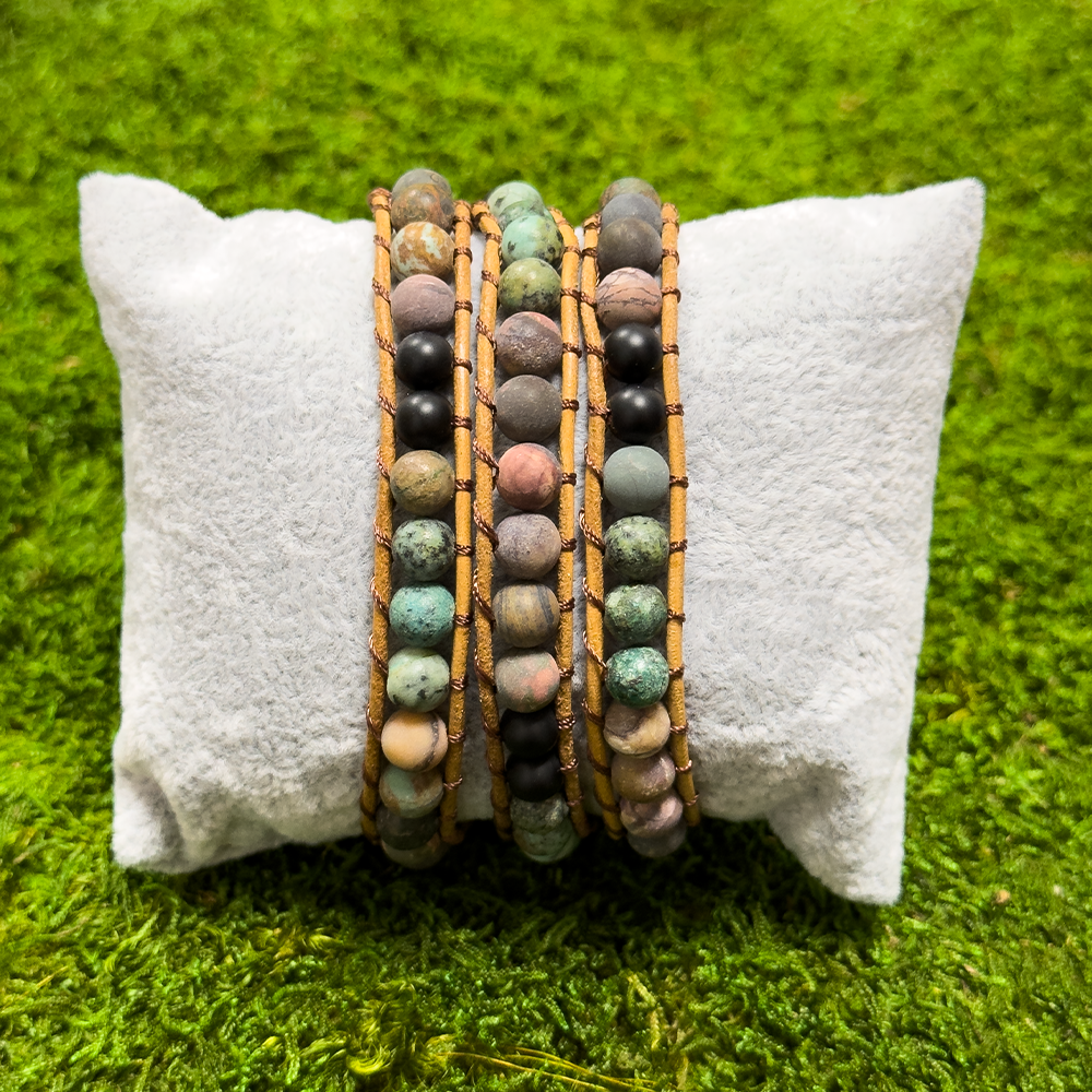 Vibrant Harmony Mixed Gemstone Bracelet made of African Turquoise and Red Turquoise on Light Brown Cow Leather Rope