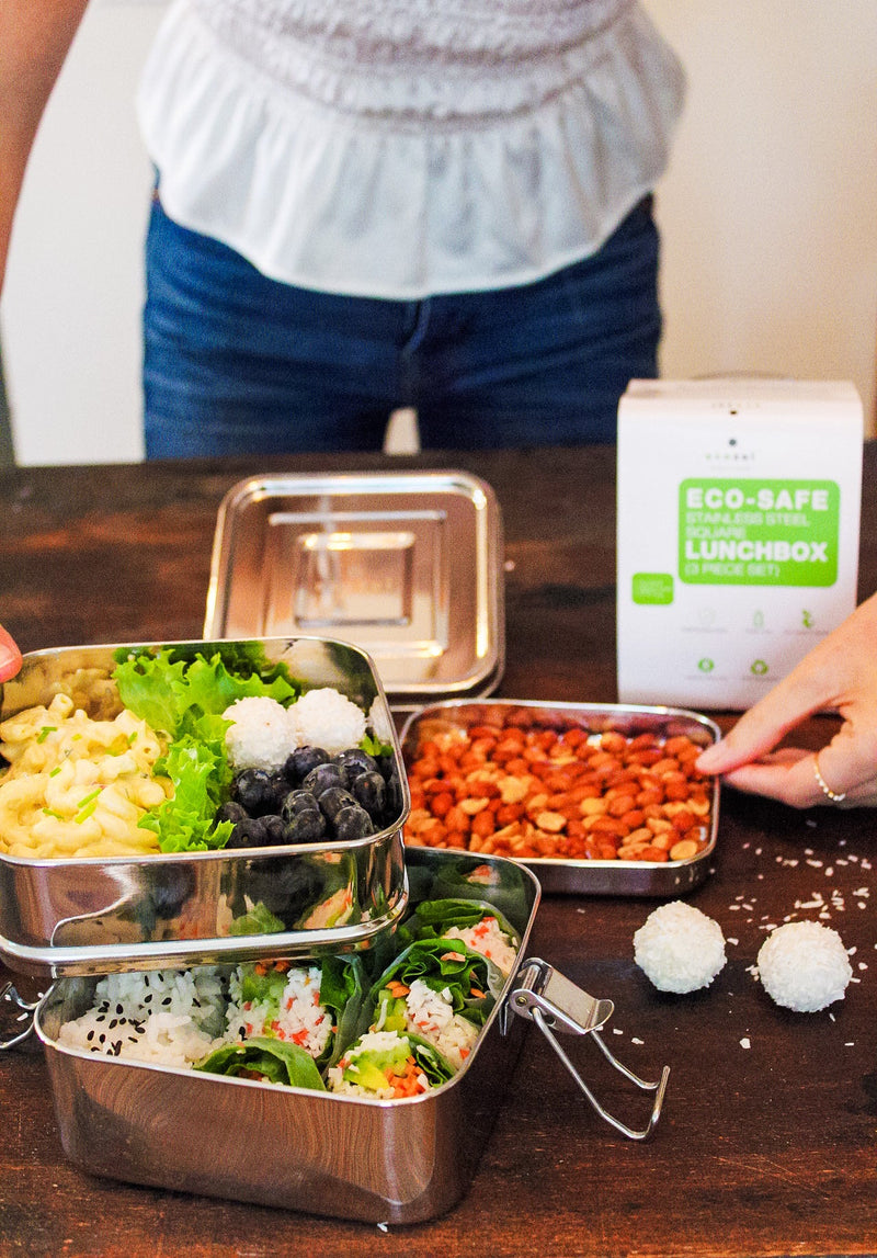 Stainless Steel Eco Lunch Box, 2 Tier Square with Additional Tray, 40 Oz or 1200 ml freeshipping - ecozoi