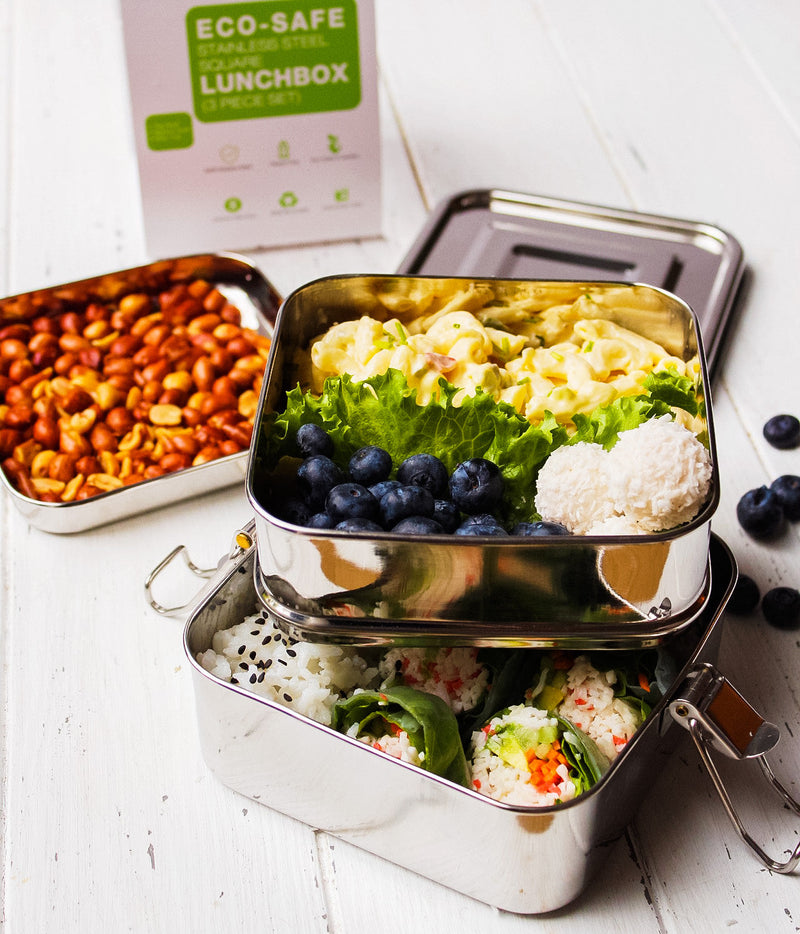 Stainless Steel Eco Lunch Box, 2 Tier Square with Additional Tray, 40 Oz or 1200 ml freeshipping - ecozoi