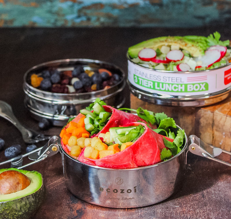 Stainless Steel Eco Lunch Box, 3 Tier Round with Spork, 40 Oz or 1200 ml freeshipping - ecozoi