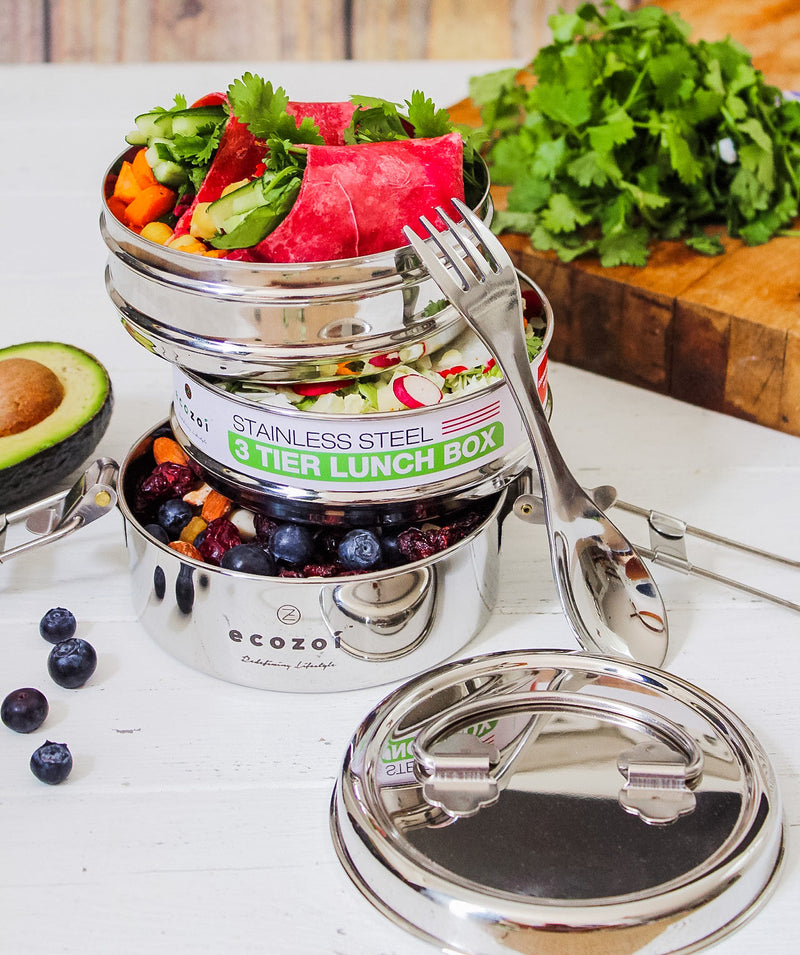 Stainless Steel Eco Lunch Box, 3 Tier Round with Spork, 40 Oz or 1200 ml freeshipping - ecozoi