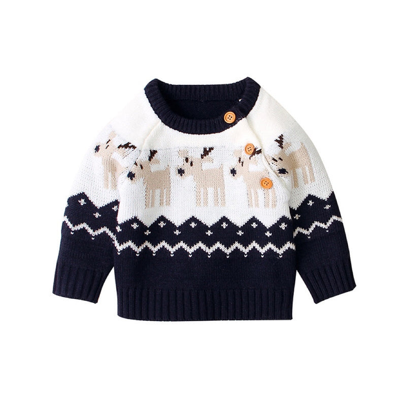 Baby Cartoon Christmas Deer Pattern Shoulder Button Design Knitted Pullover Sweater, MyKids-USA®, Baby & Toddler Outerwear, MyKids-USA / Baby Cartoon Christmas Deer Pattern Shoulder Button Design Knitted Pullover Sweater MyKids USA