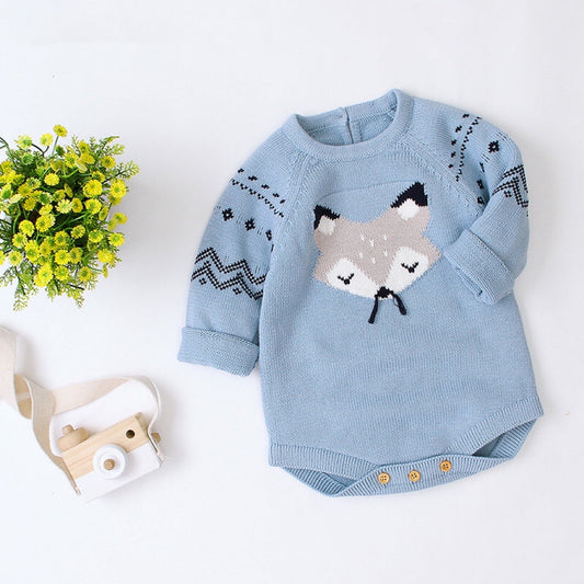Baby Cartoon Fox Graphic Long Sleeves Triangle Knitted Romper Jumpsuit In Autumn, MyKids-USA®, Baby One-Pieces, MyKids-USA - Size/Age - 73 (6-9M) - Color - Blue / Baby Cartoon Fox Graphic Long-Sleeve Knitted Romper – Autumn MyKids-USA
