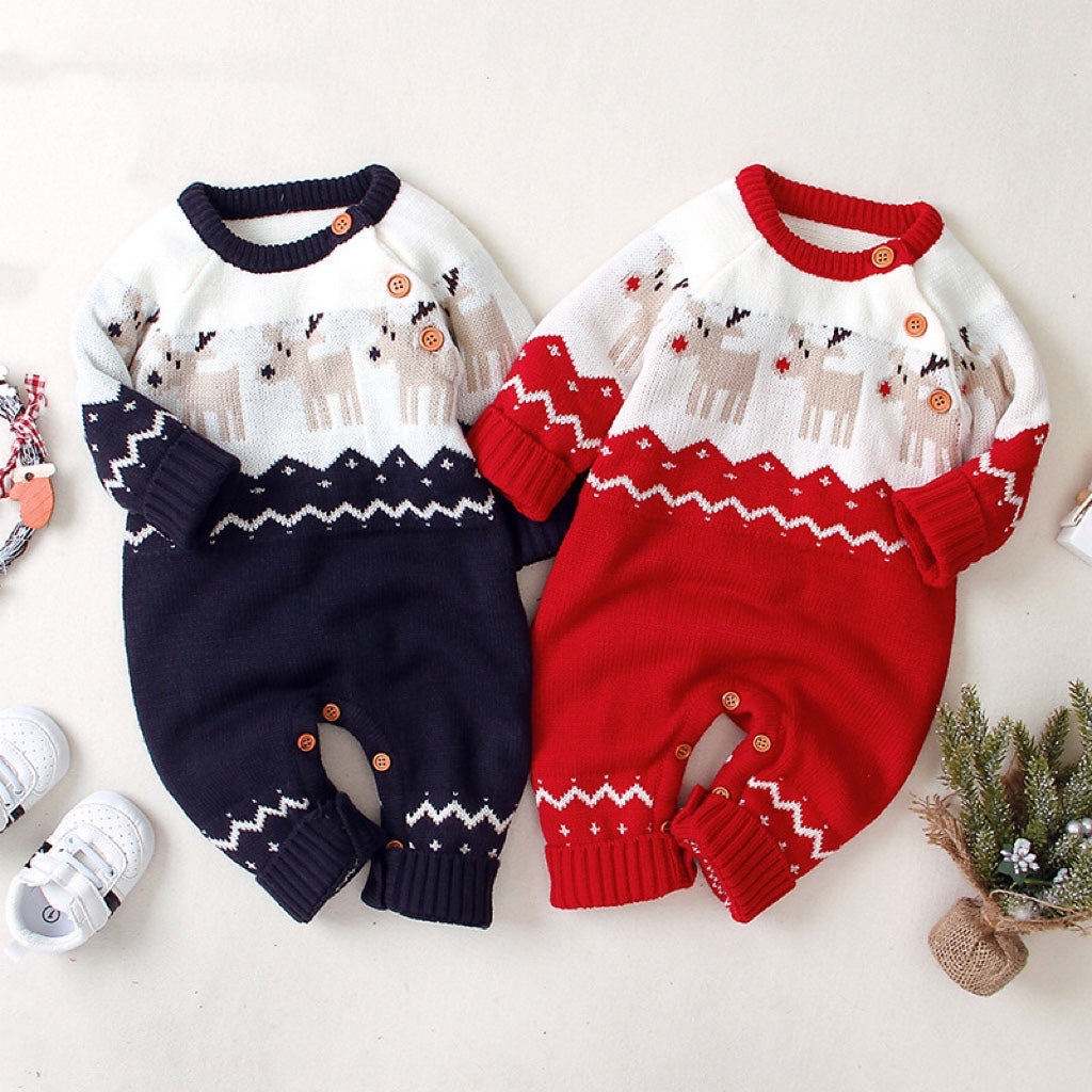 Baby Christmas Giraffe Pattern Shoulder Button Design Sweater Rompers, MyKids-USA®, Baby One-Pieces, MyKids-USA / Baby Christmas Giraffe Shoulder-Button Sweater Romper MyKids-USA