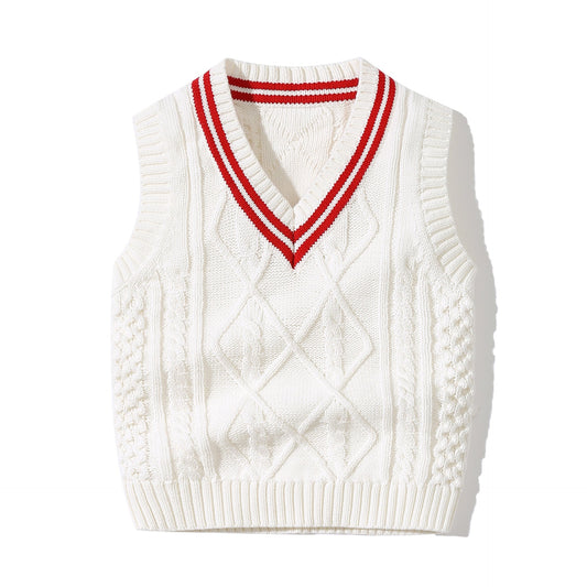 Baby Crochet Knitting Pattern Striped V-Neck Design College Style Sleeveless Vest Sweater, MyKids-USA®, Baby & Toddler Outerwear, MyKids-USA - Size/Age - 73 (6-9M) - Color - White / Baby Crochet Striped V-Neck Sleeveless Vest Sweater MyKids-USA