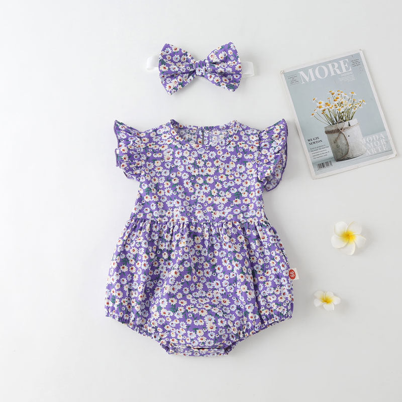 Baby Girl Floral Print Onesies With Headband In Summer Outfit Wearing, MyKids-USA®, Baby & Toddler Outfits, MyKids-USA - Size/Age - 66 (3-6M) - Color - Purple / Baby Girl Floral Print Onesie with Headband – Summer MyKids-USA