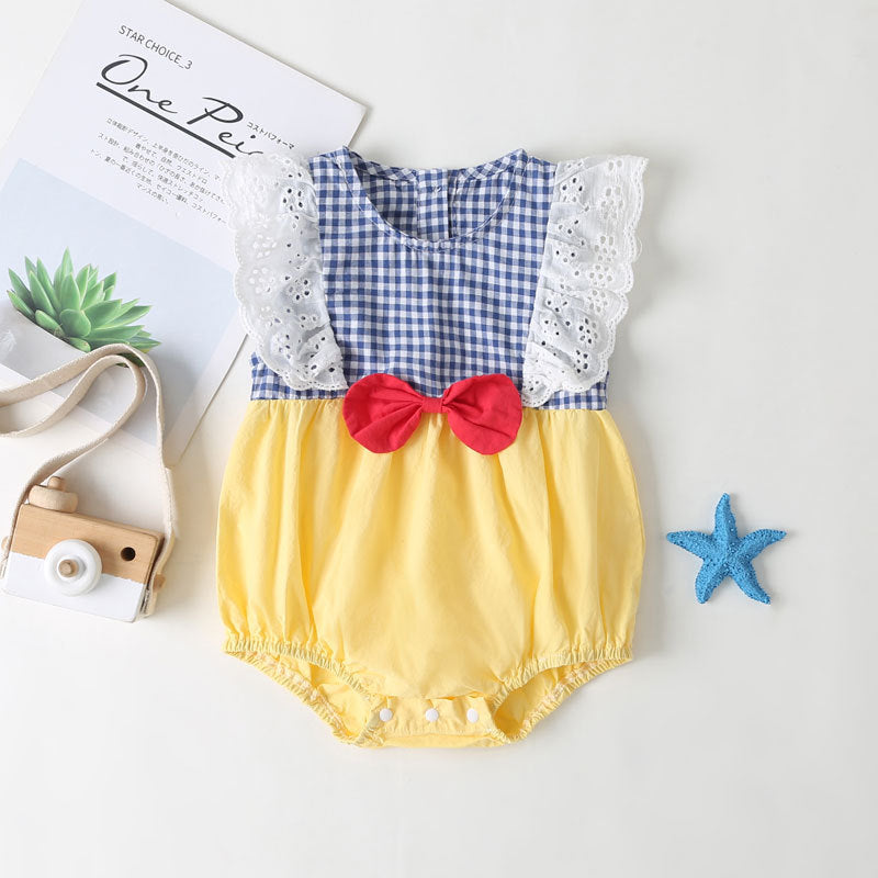 Baby Girl Plaid Pattern Lace Patchwork Bow Sleeveless Princess Onesies In Summer, MyKids-USA®, Baby & Toddler Outerwear, MyKids-USA - Size/Age - 66 (3-6M) - Color - Yellow / Baby Girl Plaid Lace Patchwork Bow Sleeveless Onesie – Summer MyKids-USA
