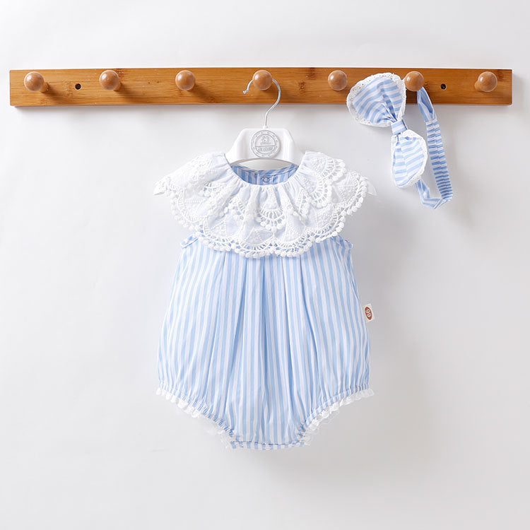 Baby Girl Stripped Pattern Ruffles Collar Onesie, MyKids-USA®, Baby & Toddler Outfits, MyKids-USA - Size/Age - 66 (3-6M) - Color - Blue / Baby Girl Striped Pattern Onesie with Ruffle Collar MyKids USA