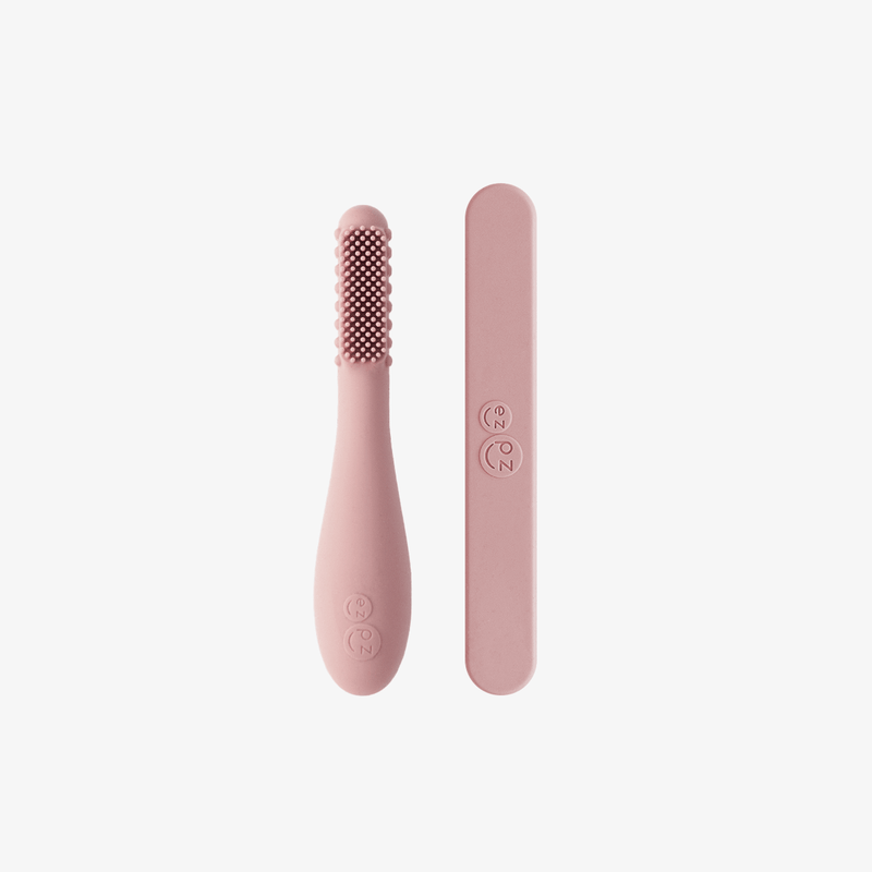 ezpz baby led toothbrush and sensory tongue depressor in blush pink #color_blush