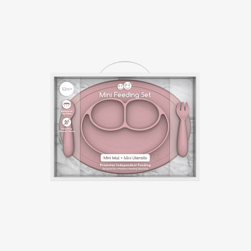 Mini Feeding Set in Blush by ezpz / Silicone Plate, Fork & Spoon for Toddlers #color_blush