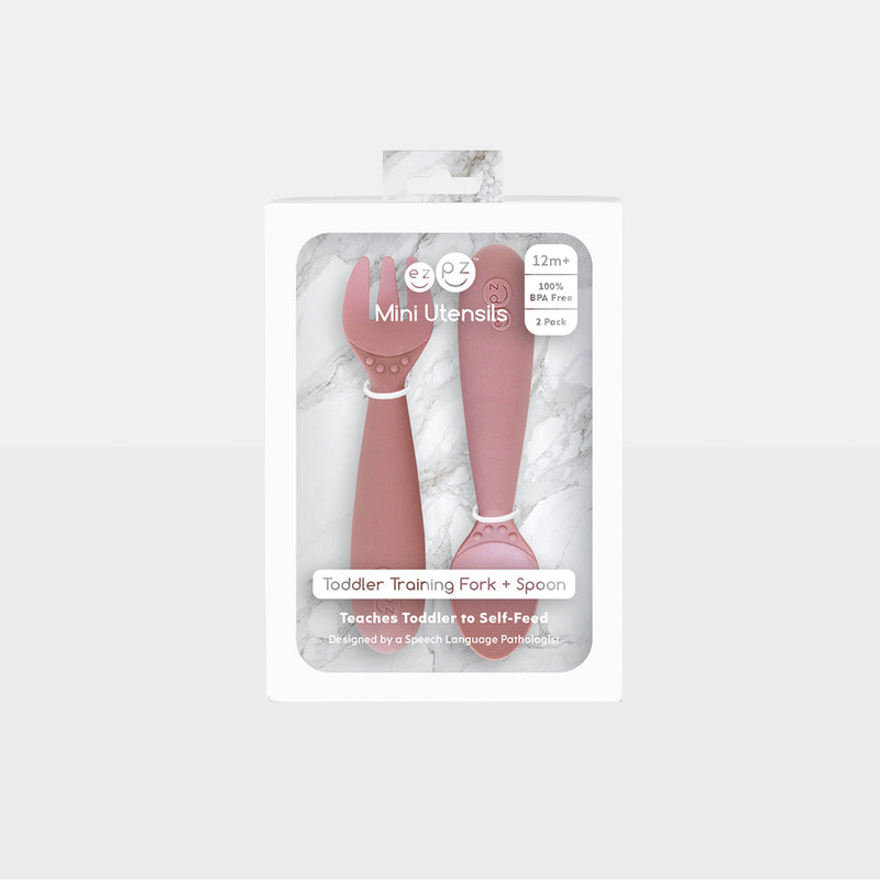 Mini Utensils in Blush by ezpz / Sensory Silicone Fork & Spoon for Toddlers #color_blush