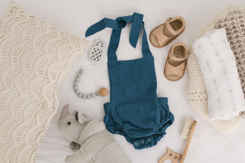 Cobalt Halter Baby Romper – Non-Toxic Linen Style for Little Movers by Babe Basics (6–24M)