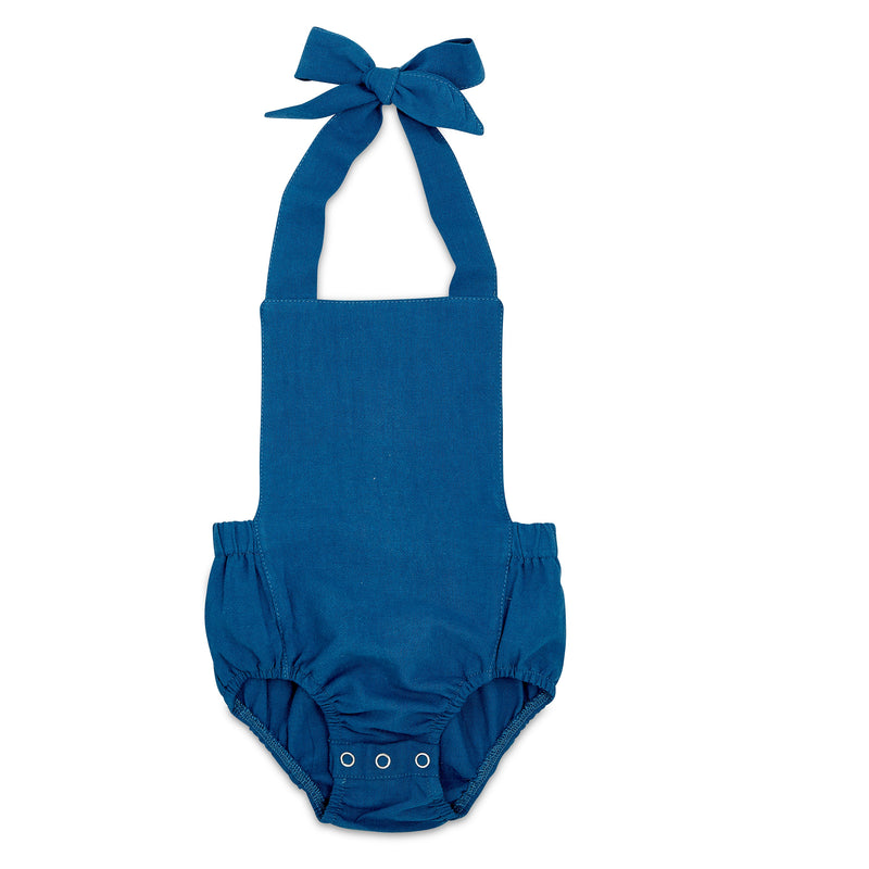 Cobalt Halter Baby Romper – Non-Toxic Linen Style for Little Movers by Babe Basics (6–24M)