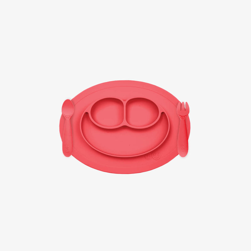 Mini Feeding Set in Coral by ezpz / Silicone Plate, Fork & Spoon for Toddlers #color_coral