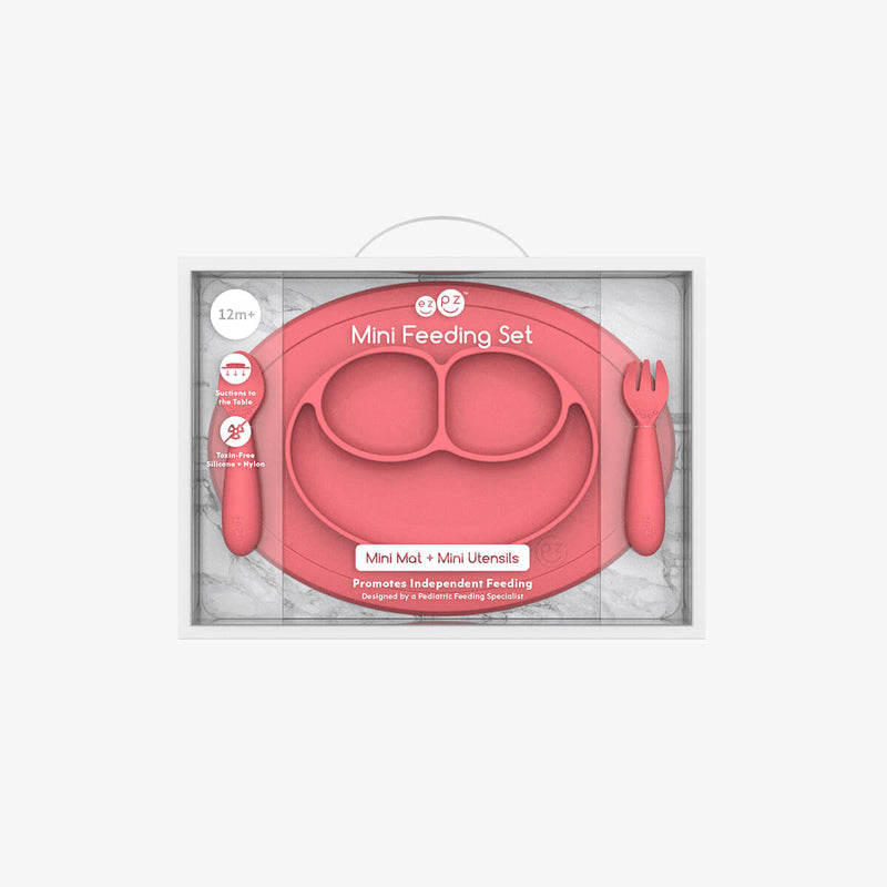 Mini Feeding Set in Coral by ezpz / Silicone Plate, Fork & Spoon for Toddlers #color_coral