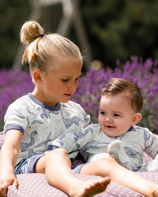 Organic Cotton Two Piece Short Pajama Set Heather Beige Printed Dinosaurs - F30PB11_060