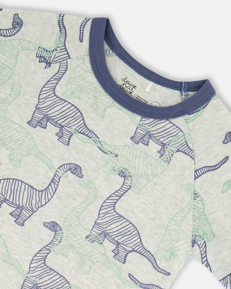 Organic Cotton Two Piece Short Pajama Set Heather Beige Printed Dinosaurs - F30PB11_060