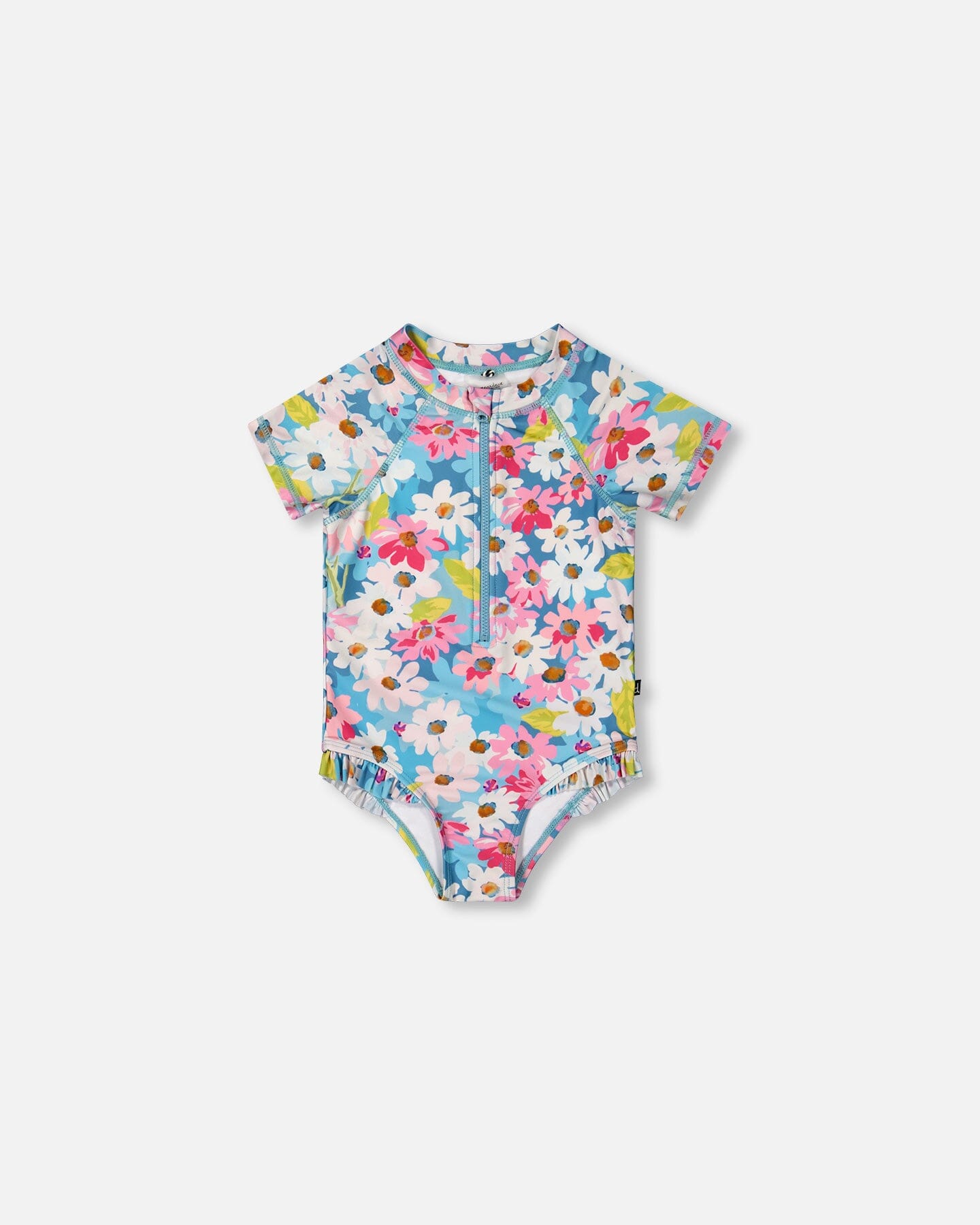 Printed Short Sleeve One-Piece Swimsuit With Frills White, Pink, And Green Flowers Swimwear Deux par Deux