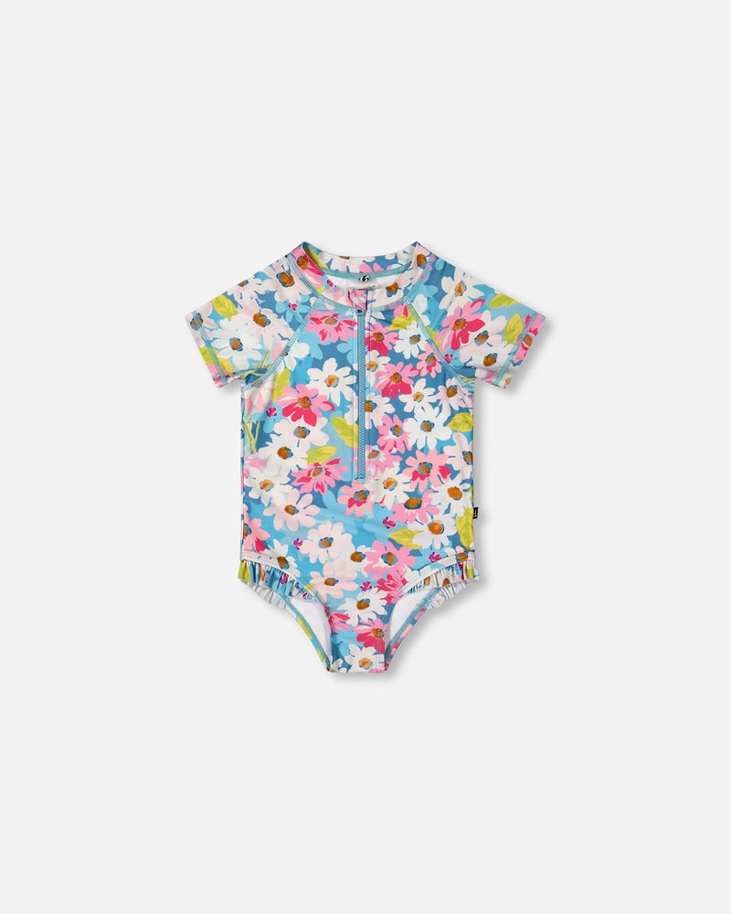 Printed Short Sleeve One-Piece Swimsuit With Frills White, Pink, And Green Flowers Swimwear Deux par Deux