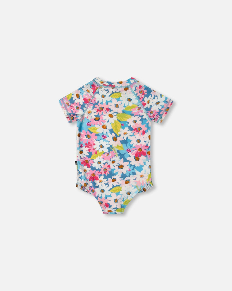 Printed Short Sleeve One-Piece Swimsuit With Frills White, Pink, And Green Flowers Swimwear Deux par Deux