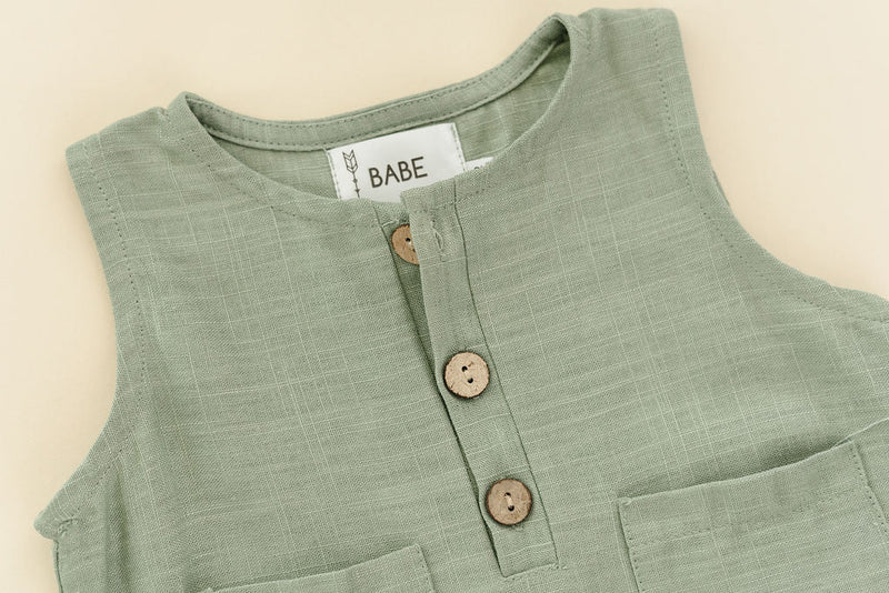 Green Crop Linen Romper – Soft, Non-Toxic Comfort for 6–24M by Babe Basics