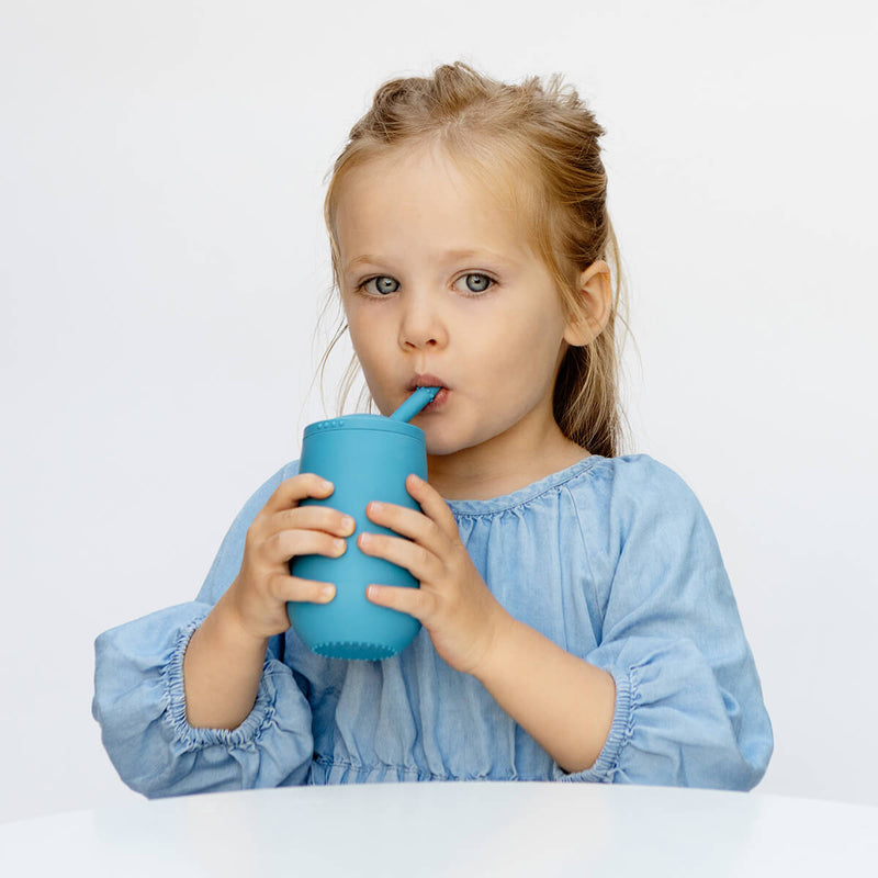 Happy Cup and Straw in Blue / Silicone Cup with Lid and Straw for Toddlers by ezpz #color_blue / Happy Cup + Straw System for Toddlers – Sip Smart, Grow Strong by ezpz
