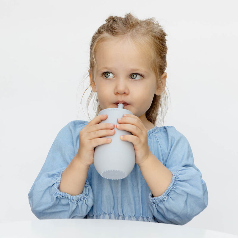 Happy Cup and Straw in Pewter / Silicone Cup with Lid and Straw for Toddlers by ezpz #color_pewter / Happy Cup + Straw System for Toddlers – Sip Smart, Grow Strong by ezpz