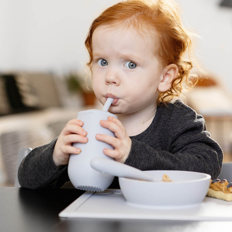 Happy Cup and Straw in Pewter / Silicone Cup with Lid and Straw for Toddlers by ezpz #color_pewter / Happy Cup + Straw System for Toddlers – Sip Smart, Grow Strong by ezpz