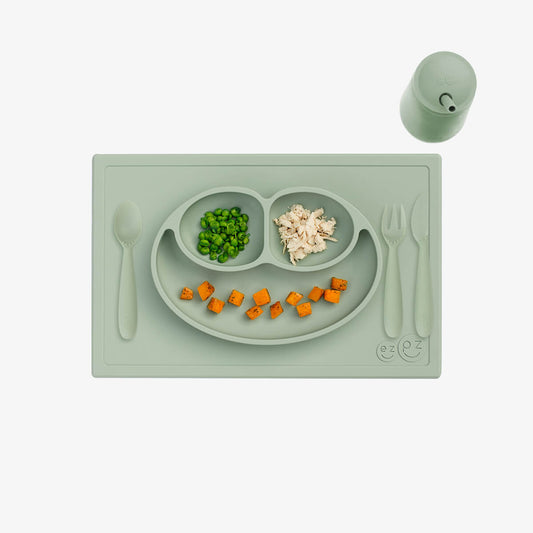 ezpz Happy Feeding Set in Sage / Silicone, Self-Suctioning Plate, Silicone Cup and Straw, Training Utensils for Toddlers #color_sage