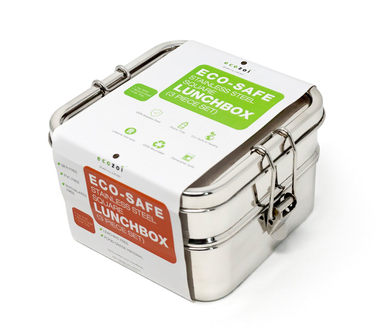 Stainless Steel Eco Lunch Box, 2 Tier Square with Additional Tray, 40 Oz or 1200 ml freeshipping - ecozoi