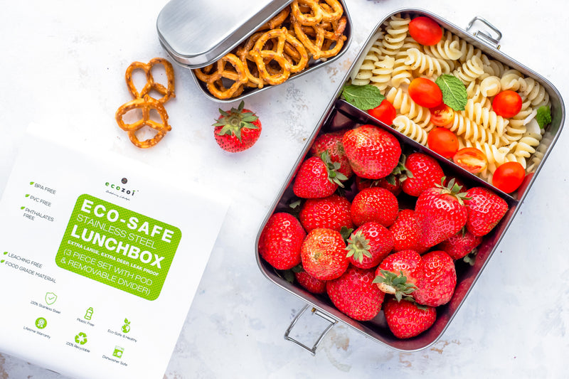 Stainless Steel Eco Lunch Box with Removable Divider, Leak Proof, 1 Tier with 1 Mini Sauce Container, XL 70 Oz or 2100 ml freeshipping - ecozoi