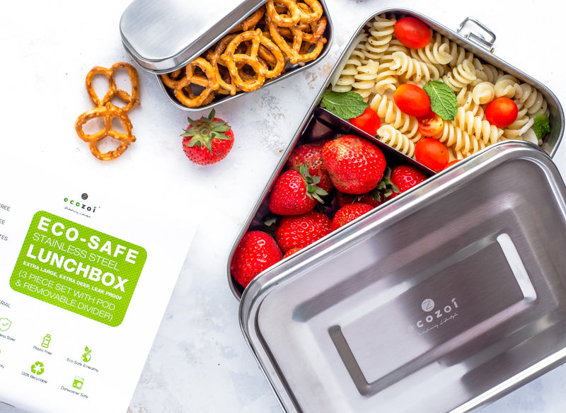 Stainless Steel Eco Lunch Box with Removable Divider, Leak Proof, 1 Tier with 1 Mini Sauce Container, XL 70 Oz or 2100 ml freeshipping - ecozoi