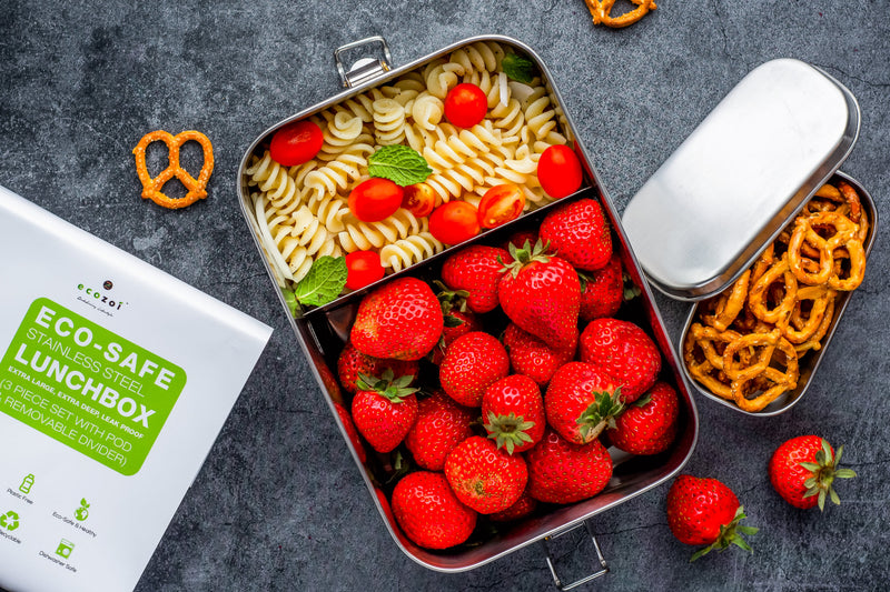 Stainless Steel Eco Lunch Box with Removable Divider, Leak Proof, 1 Tier with 1 Mini Sauce Container, XL 70 Oz or 2100 ml freeshipping - ecozoi