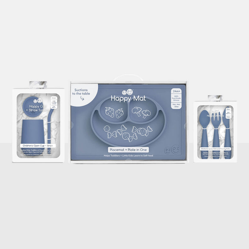 ezpz Happy Feeding Set in Indigo / Silicone, Self-Suctioning Plate, Silicone Cup and Straw, Training Utensils for Toddlers #color_indigo