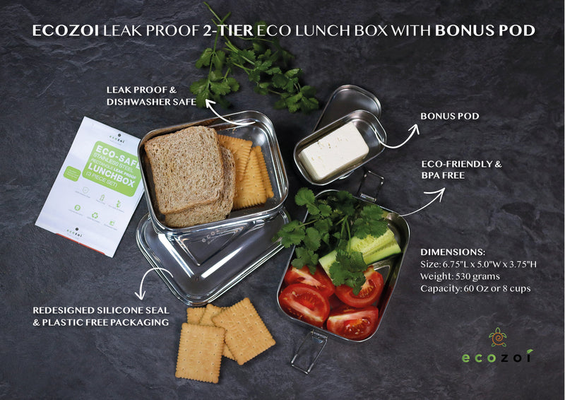 Stainless Steel Eco Lunch Box, Leak Proof, 2 Tier with 1 Mini Sauce Container, 60 Oz or 1700 ml freeshipping - ecozoi