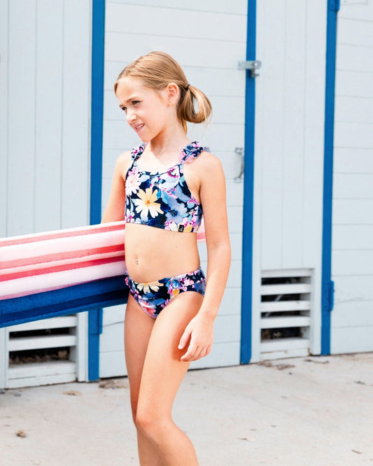Kids Two-Piece Swimsuit – Navy, Yellow & Pink Floral by Deux par Deux