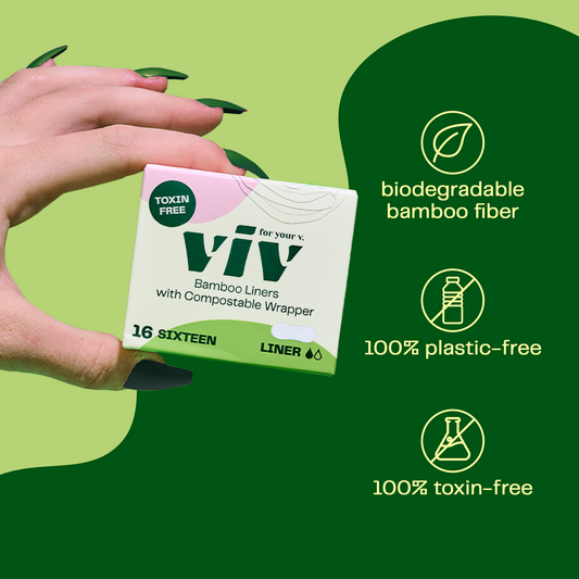A box of panty liners which are 100% plastic free and 100% toxin-free and made of biodegradable bamboo fiber.