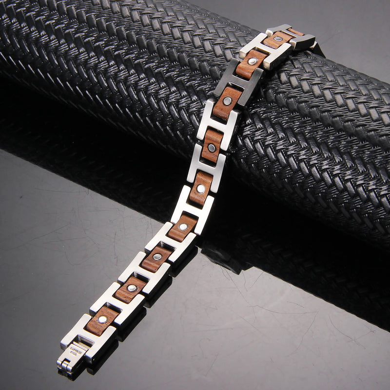 Wood and Stainless Steel Bracelet with Magnetic Hematite Beads