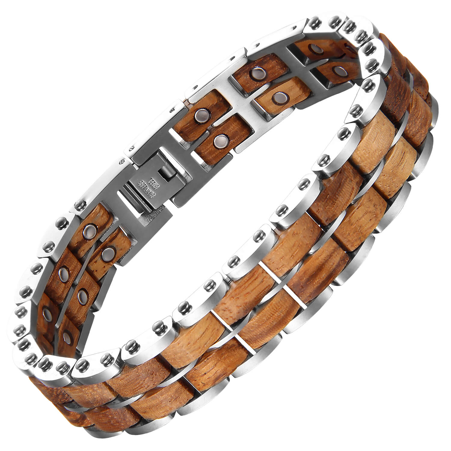 Wood-and-stainless-steel-magnetic-bracelet-in-brown-wood-and-silver-colors