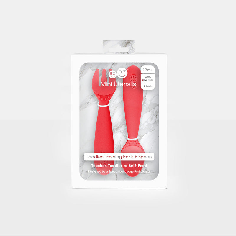 Mini Utensils in Coral by ezpz / Sensory Silicone Fork & Spoon for Toddlers #color_coral