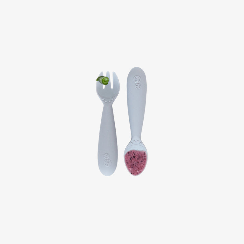 Mini Utensils in Pewter by ezpz / Sensory Silicone Fork & Spoon for Toddlers #color_pewter