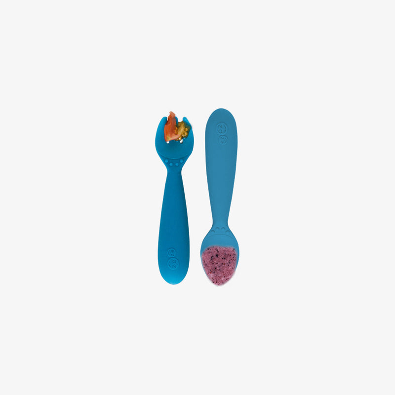 Mini Utensils in Blue by ezpz / Sensory Silicone Fork & Spoon for Toddlers #color_blue