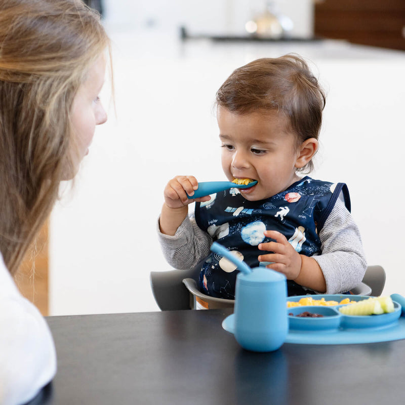 Mini Utensils in Blue by ezpz / Sensory Silicone Fork & Spoon for Toddlers #color_blue