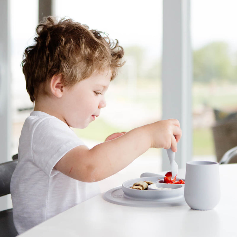 Mini Utensils in Pewter by ezpz / Sensory Silicone Fork & Spoon for Toddlers #color_pewter