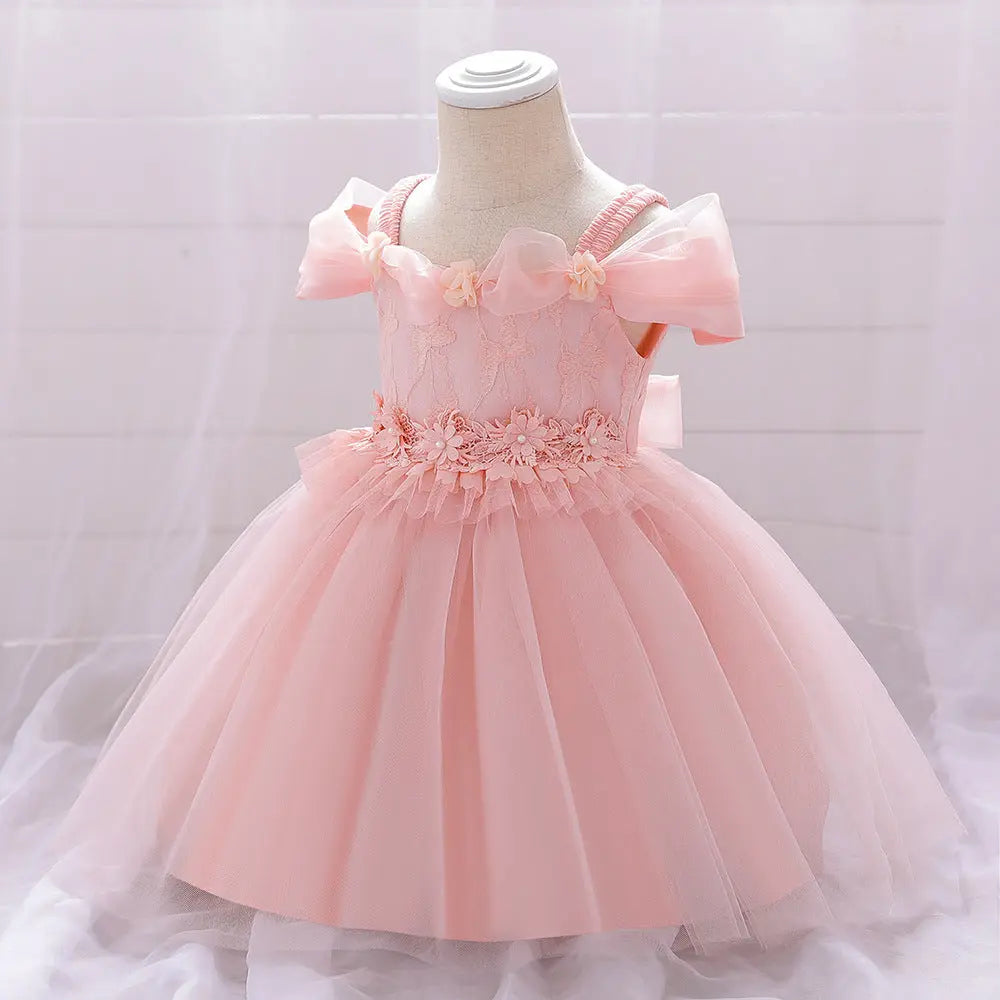 Newborn Baby Girl Birthday Baptism Dress One Shoulder Puff Sleeves Princess Dress, MyKids-USA®, Baby & Toddler Dresses, MyKids-USA - Size/Age - 73 (6-9M) - Color - Pink - - - JM2206172232