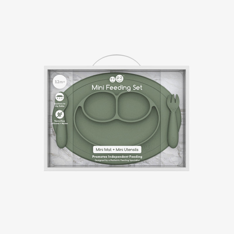 Mini Feeding Set in Olive by ezpz / Silicone Plate, Fork & Spoon for Toddlers #color_olive