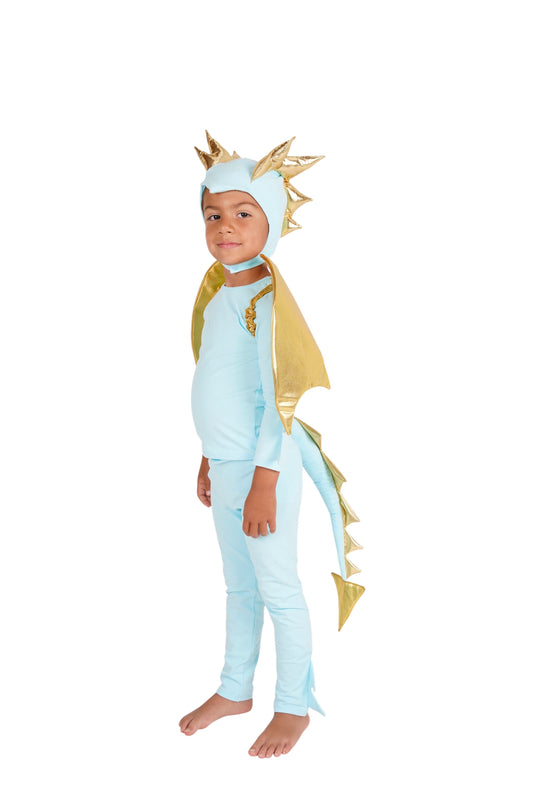 Child wearing a light blue dragon costume with gold accents, blue dinosaur costume.