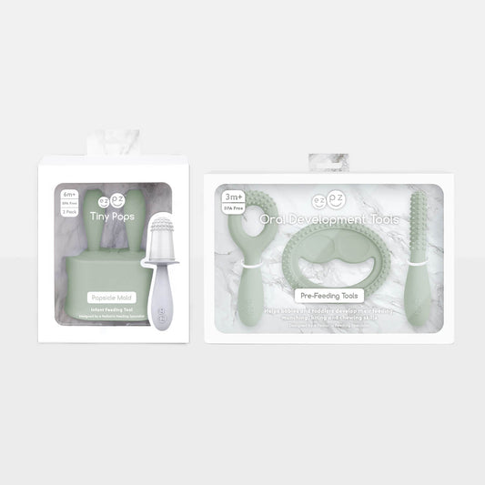 Pre-feeding set by ezpz in sage green includes the tiny pops and oral development tools (silicone teethers) #color_sage / Pre-Feeding Set – Build Baby’s First Skills for Babies & Toddlers by ezpz